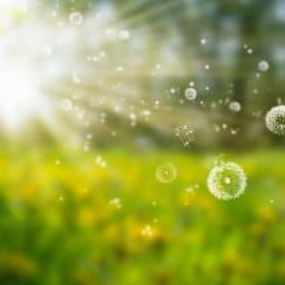 flying seed from isolated blowball flowers in an idyllic summer meadow, beautiful field of many dandelions in blurred landscape panorama